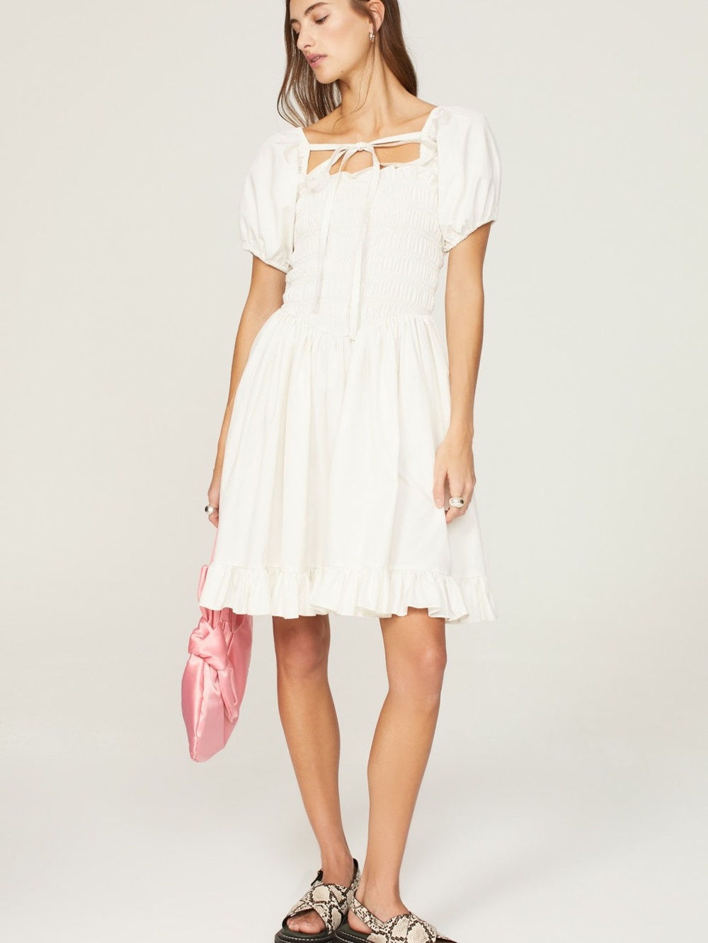 Sandy Liang Kleen Dress Women's White Puff Sleeve Smocked Mini Dress - Size Smal